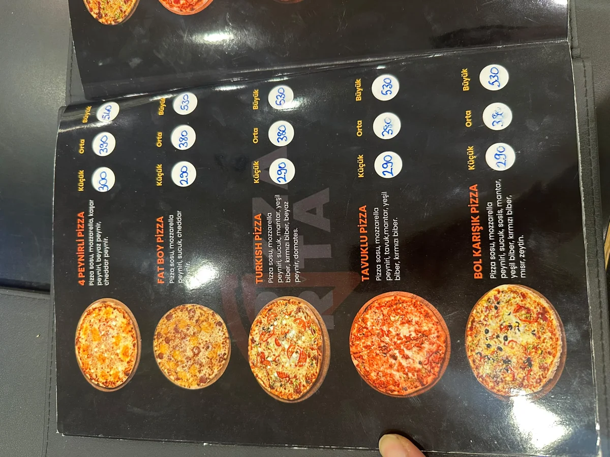 Pizza Artı mevcut menü